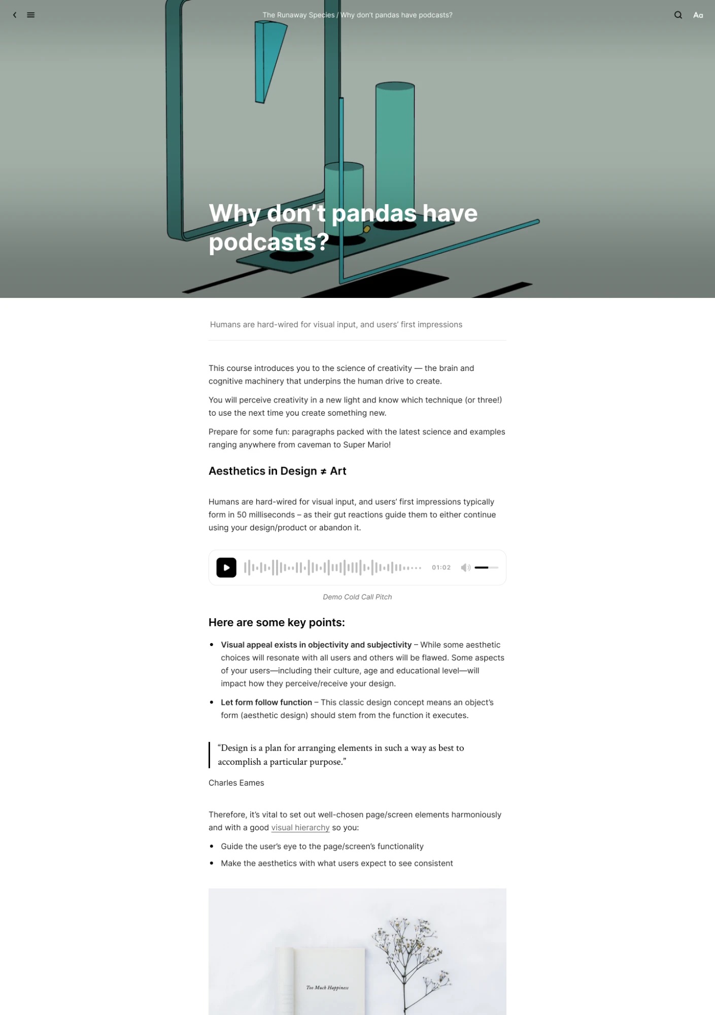 Desktop lesson reader: a hero image, the lesson title, body text, an audio clip, key points and a quote